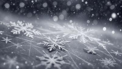 The primary subject of the image is a close-up of snowflakes on a snowy surface. The setting is a snowy environment, and the visual style appears to be a photo of the snowflakes. The dominant colors are white and gray, and the overall atmosphere is cold and wintry.